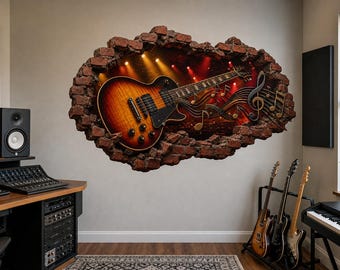 3D Electric Guitar Wall Decal - Moody Concert Stage Broken Brick Wall Sticker - Vinyl Home Decor