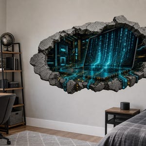 3D Binary Code Tech Wall Decal - Futuristic Dark Tech Room Broken Concrete Wall Sticker - Vinyl Home Decor image 2