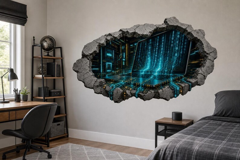 3D Binary Code Tech Wall Decal - Futuristic Dark Tech Room Broken Concrete Wall Sticker - Vinyl Home Decor image 2