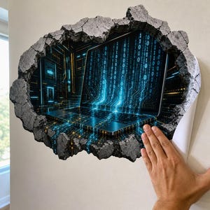 3D Binary Code Tech Wall Decal - Futuristic Dark Tech Room Broken Concrete Wall Sticker - Vinyl Home Decor image 6