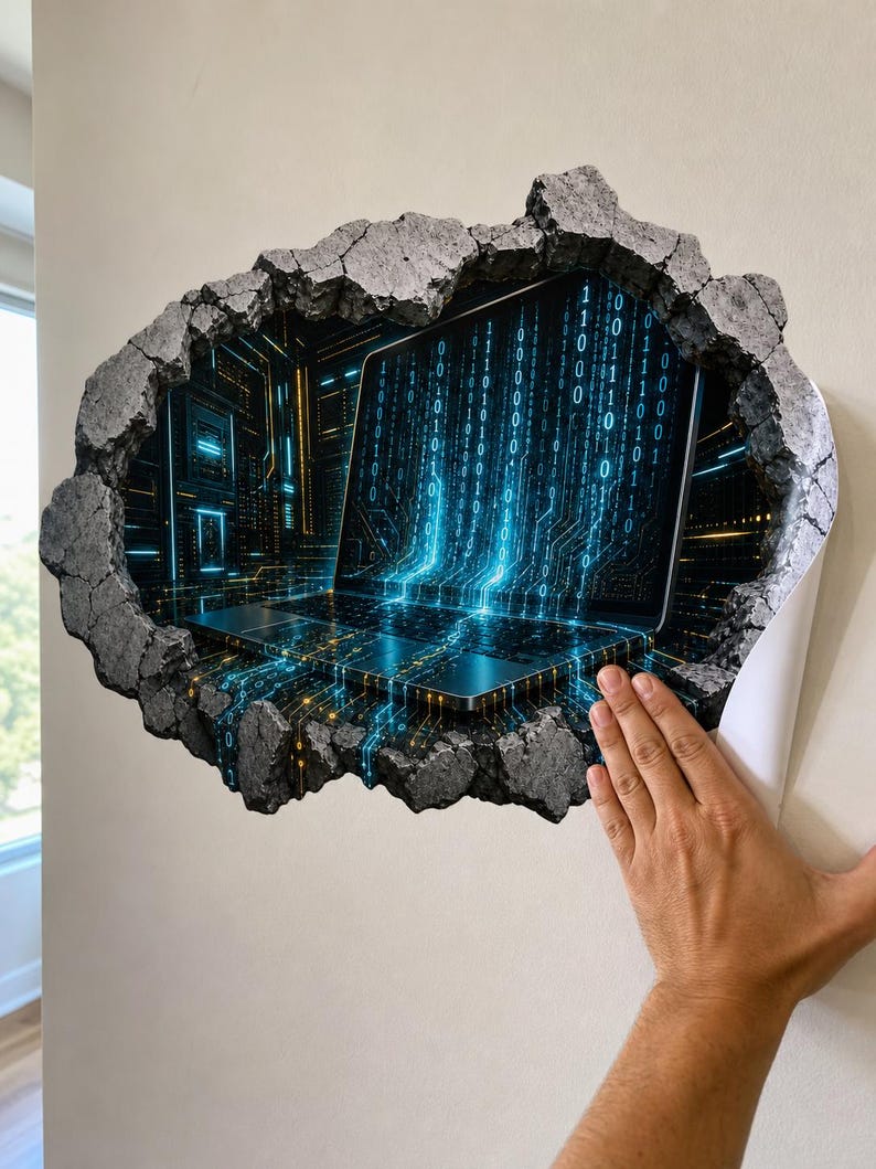 3D Binary Code Tech Wall Decal - Futuristic Dark Tech Room Broken Concrete Wall Sticker - Vinyl Home Decor image 6