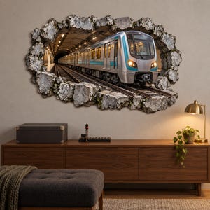 May include: A wall decal featuring a 3D-style trompe l'oeil effect of a silver and blue subway train emerging from a jagged, broken stone tunnel wall. The train is illuminated by bright headlights, traveling along tracks into a dark tunnel.