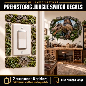 Dinosaur Light Switch & Outlet Decals — 8 Mossy Stone Stickers with Ferns for 2 Plates