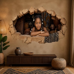 May include: A wall decal featuring a realistic stone-textured oval opening that reveals a scene of a child with braided hair adorned with cowrie shells, surrounded by various clay pottery, woven baskets, and patterned textiles in earthy tones.