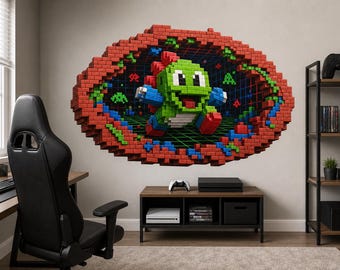 3D Pixel Art Creature Wall Decal - Retro Arcade Grid Background Broken Brick Wall Sticker - Vinyl Home Decor