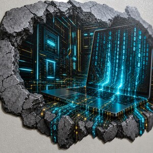 3D Binary Code Tech Wall Decal - Futuristic Dark Tech Room Broken Concrete Wall Sticker - Vinyl Home Decor image 4