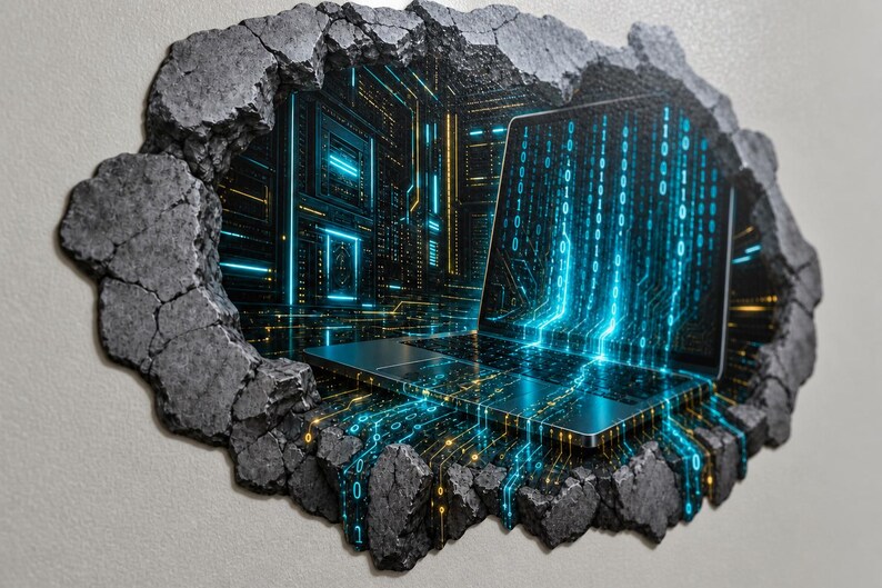 3D Binary Code Tech Wall Decal - Futuristic Dark Tech Room Broken Concrete Wall Sticker - Vinyl Home Decor image 4