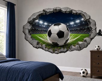 3D Soccer Ball Wall Decal - Peel and Stick Game Room Wall Mural - Faux Window Broken Wall Sticker