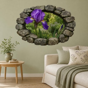 May include: A wall decal featuring a trompe l'oeil stone window frame surrounding a vibrant purple iris flower in a garden setting. The oval-shaped frame is composed of textured gray stones, creating a realistic depth effect on the wall.