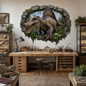 Sticker mural Spinosaurus 3D - Fresque murale autocollante pour chambre d'enfant - Effet fenêtre cassée