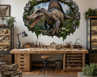 Sticker Mural Spinosaurus surgissant d’une fausse fenêtre, effet de paroi rocheuse fracturée