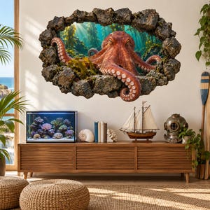 Può includere: Un adesivo da parete con un polpo a effetto 3D che emerge da un buco roccioso, su uno sfondo di foresta di alghe sottomarina. Il polpo è bruno-rossastro con ventose visibili sui tentacoli, incorniciato da rocce grigie e strutturate.