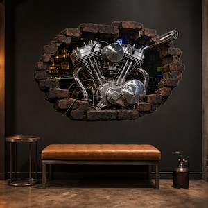 May include: A wall-mounted decorative piece featuring a metallic V-twin motorcycle engine encased within a circular, rugged dark brown brick frame. The engine displays polished silver components, chrome pipes, and intricate mechanical details.