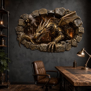 May include: A wall decal featuring a mechanical gold dragon emerging from a stone-textured hole. The dragon has intricate metallic gears and pipes, with steam rising from its body. The design creates a three-dimensional effect on the wall.