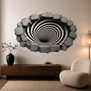 May include: A wall decal featuring a black and white spiral vortex design that creates an optical illusion of depth, framed by a border of realistic gray stone blocks that appear to be breaking through the surface of the wall.