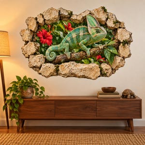 Könnte beinhalten: Ein Wandaufkleber mit einem 3D-Effekt, der ein Loch in einer Steinmauer zeigt. Darin ist ein grünes Chamäleon auf einem Ast inmitten von dichtem grünem Blattwerk und leuchtend roten Hibiskusblüten zu sehen, was eine optische Tiefe erzeugt.