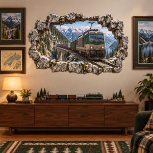 Sticker mural train alpin, locomotive électrique et wagons de fret en trompe-l’œil pour salle de loisirs ferroviaire