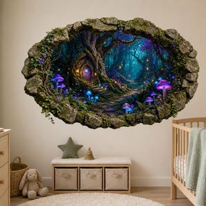 May include: A wall decal featuring a 3D-style stone hole opening into a dark, enchanted forest scene. The image displays a large tree with a glowing door, a stone path, and vibrant purple and blue bioluminescent mushrooms under a canopy.
