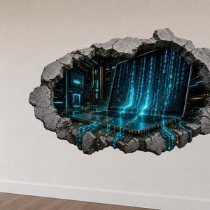 3D Binary Code Tech Wall Decal - Futuristic Dark Tech Room Broken Concrete Wall Sticker - Vinyl Home Decor image 5