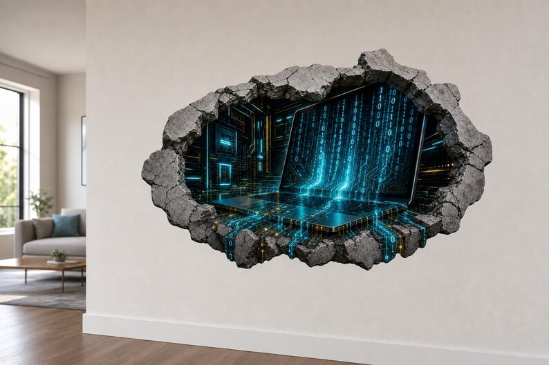 3D Binary Code Tech Wall Decal - Futuristic Dark Tech Room Broken Concrete Wall Sticker - Vinyl Home Decor image 5