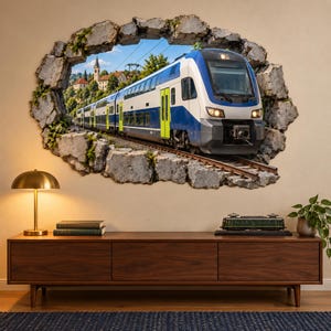 Sticker mural train électrique à deux niveaux, décor ferroviaire trompe-l’œil pour passionnés et familles