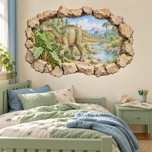 May include: A wall decal featuring a 3D-effect hole in a stone wall revealing a prehistoric landscape with a large green dinosaur standing near a river, lush green foliage, distant mountains, and a blue sky with white clouds.