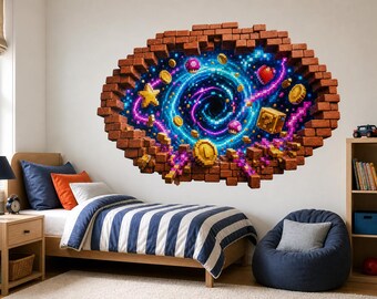 3D Game Portal Wall Decal - Peel and Stick Game Room Wall Mural - Faux Window Broken Wall Sticker