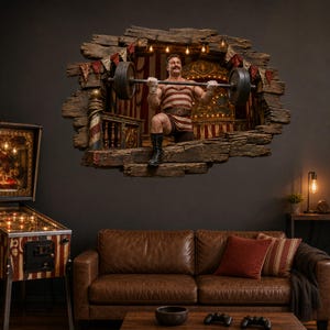 Puede incluir: Un adhesivo de pared que muestra a un forzudo de circo vintage levantando una barra. La figura está enmarcada por un borde de madera desgastada y dentada con pequeñas luces colgantes y banderines rojos y blancos, creando una ilusión.