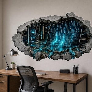 May include: A wall decal featuring a 3D-effect hole in a concrete wall revealing a futuristic digital landscape with a glowing laptop screen, blue binary code streams, and intricate circuit board patterns in shades of neon blue and dark black.