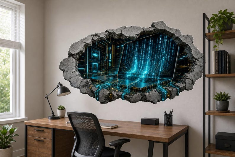 3D Binary Code Tech Wall Decal - Futuristic Dark Tech Room Broken Concrete Wall Sticker - Vinyl Home Decor image 1
