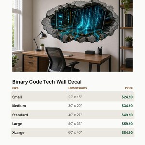 3D Binary Code Tech Wall Decal - Futuristic Dark Tech Room Broken Concrete Wall Sticker - Vinyl Home Decor image 3