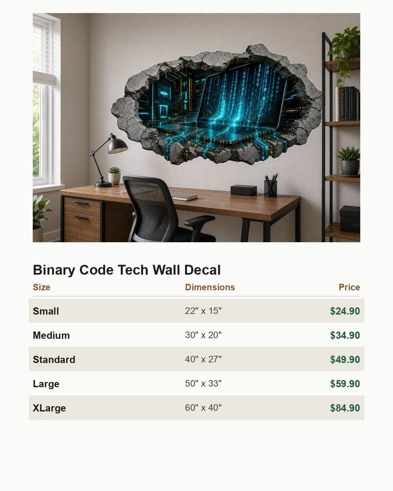 3D Binary Code Tech Wall Decal - Futuristic Dark Tech Room Broken Concrete Wall Sticker - Vinyl Home Decor image 3