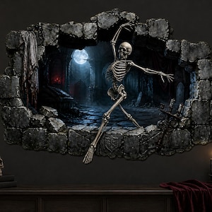 May include: A wall decal featuring a 3D-effect stone wall with a hole revealing a dark, moonlit gothic graveyard scene. A human skeleton is posed in a dynamic dancing stance in the centre, with a hanging tattered cloth and a candelabra.