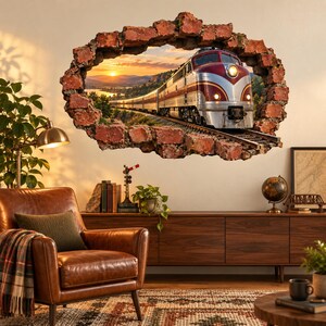 Gestroomlijnde dieseltrein 3D-muursticker, vintage spoorwegdecoratie