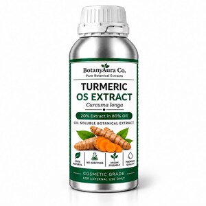 May include: A silver metal bottle with a white cap containing BotanyAura Co. Turmeric OS Extract. The label features text, a graphic of turmeric roots, and icons for natural, no additives, vegan friendly, and premium quality ingredients.
