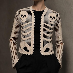 Skeleton Cardigan Crochet Pattern | Filet Crochet Skull Motif | Gothic Cropped Mesh Cardigan | XS-5X Plus Size | PDF Instant Download