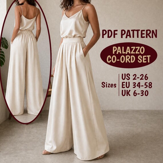 Wide Leg Palazzo Co-ord Set PDF Sewing Pattern, V-Neck Cami Top + Wide Leg Trousers, Matching Set, Sizes XS-5X US 2-26, Projector A0 A4