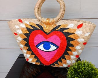 Handwoven Mexican palm tote Bag with Sacred Heard & Evil Eyer Design Handmade Artisan Beach Market Bag