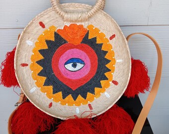 Handwoven Mexican palm tote Bag with Sacred Heard & Evil Eyer Design Handmade Artisan Beach Market Bag