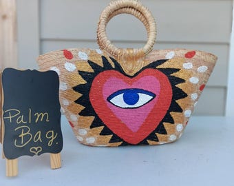 Handwoven Mexican palm tote Bag with Sacred Heard & Evil Eyer Design Handmade Artisan Beach Market Bag