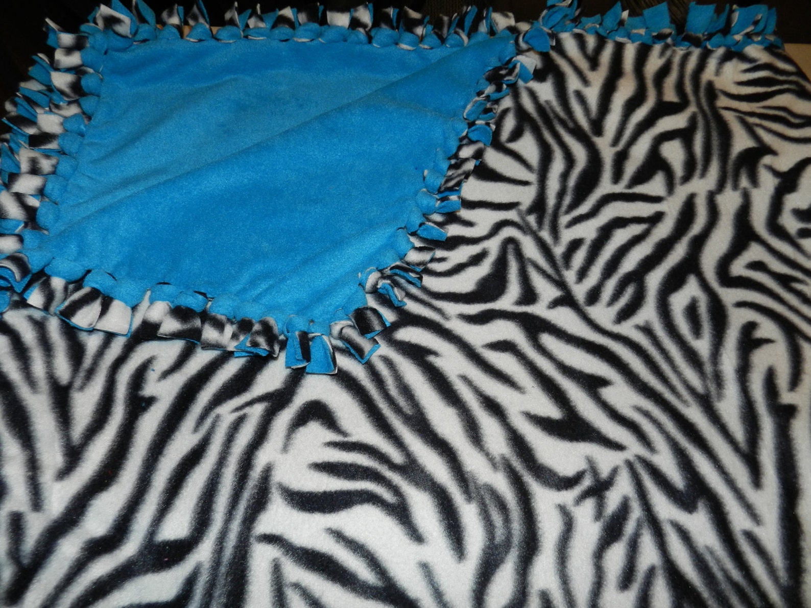 Zebra Fleece Tie Blanket With Teal Blue Fleece Conrast Etsy