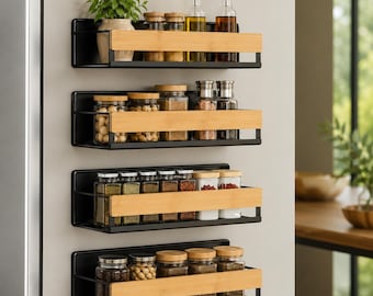 Magnetic Spice Rack for Refrigerator 4 Pack Bamboo Spice Organizer Shelves for Washing Machine Microwave No Drilling Ink Black