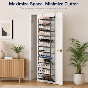 May include: A black metal over-the-door shoe rack with multiple horizontal shelves holding various pairs of footwear. The unit features a vertical frame that hangs securely from the top of a white door, providing organized storage for shoes.
