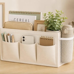Bedside Caddy Organizer for Bunk Bed, Dorm Bed Storage Bag with Water Bottle Holder, Hanging Bedside Pocket, College Dorm Essentials