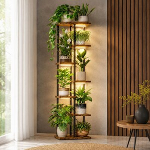 7 Tier Indoor Plant Stand with Grow Lights Modern Metal Plant Shelf Wood Flower Stand Corner Plant Display Rack for Living Room Decor