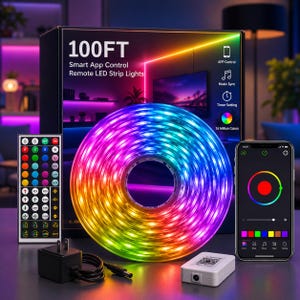 May include: A 100ft smart LED strip light kit featuring a coiled light strip with multi-color illumination, a remote control with various color and mode buttons, a power adapter, a controller box, and a smartphone displaying an app interface.