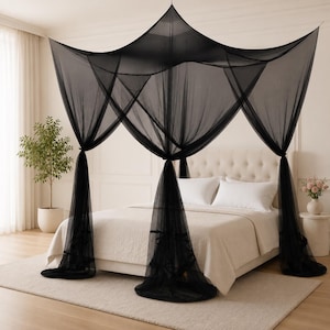 Black Bed Canopy Curtains Mosquito Net for Full Queen King Bed Gothic Room Decor Outdoor Patio Netting 4 Corner Post Drapes