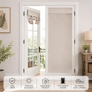 May include: A beige door curtain for French doors, featuring a solid fabric panel with a top valance that can be folded and secured with ties. The curtain measures 26 inches in width and 68 inches in length, providing blackout and privacy.