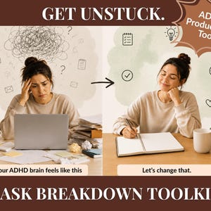 Peut inclure: Un graphique numérique intitulé GET UNSTUCK et TASK BREAKDOWN TOOLKIT. Il montre une comparaison côte à côte d'une personne débordée à un bureau avec une bulle de pensée confuse, et la même personne organisée avec une liste de tâches.