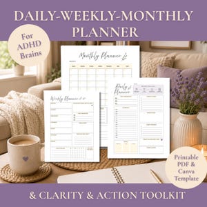 Planificador diario, semanal y mensual para TDAH / Kit de herramientas para la función ejecutiva (Canva PDF)